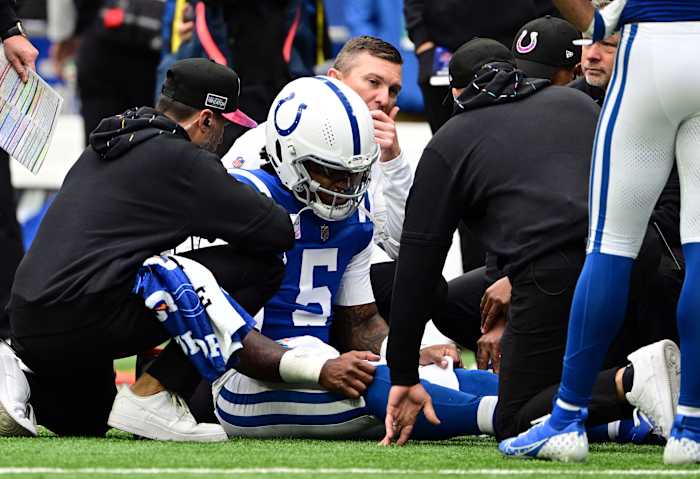 Oct 8, 2023; Indianapolis, Indiana, USA; Indianapolis Colts quarterback Anthony Richardson (5) sits on the field with a shoulder injury during the second quarter against the Tennessee Titans at Lucas Oil Stadium. Mandatory Credit: Marc Lebryk-USA TODAY Sports